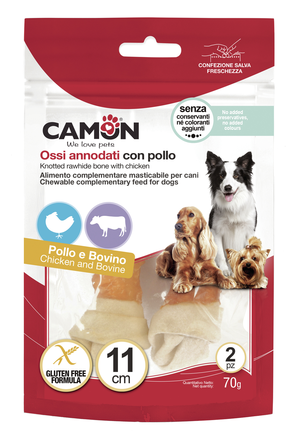 картинка Снек для собак CAMON в'язана кістка з яловичої шкіри з куркою, 11 см